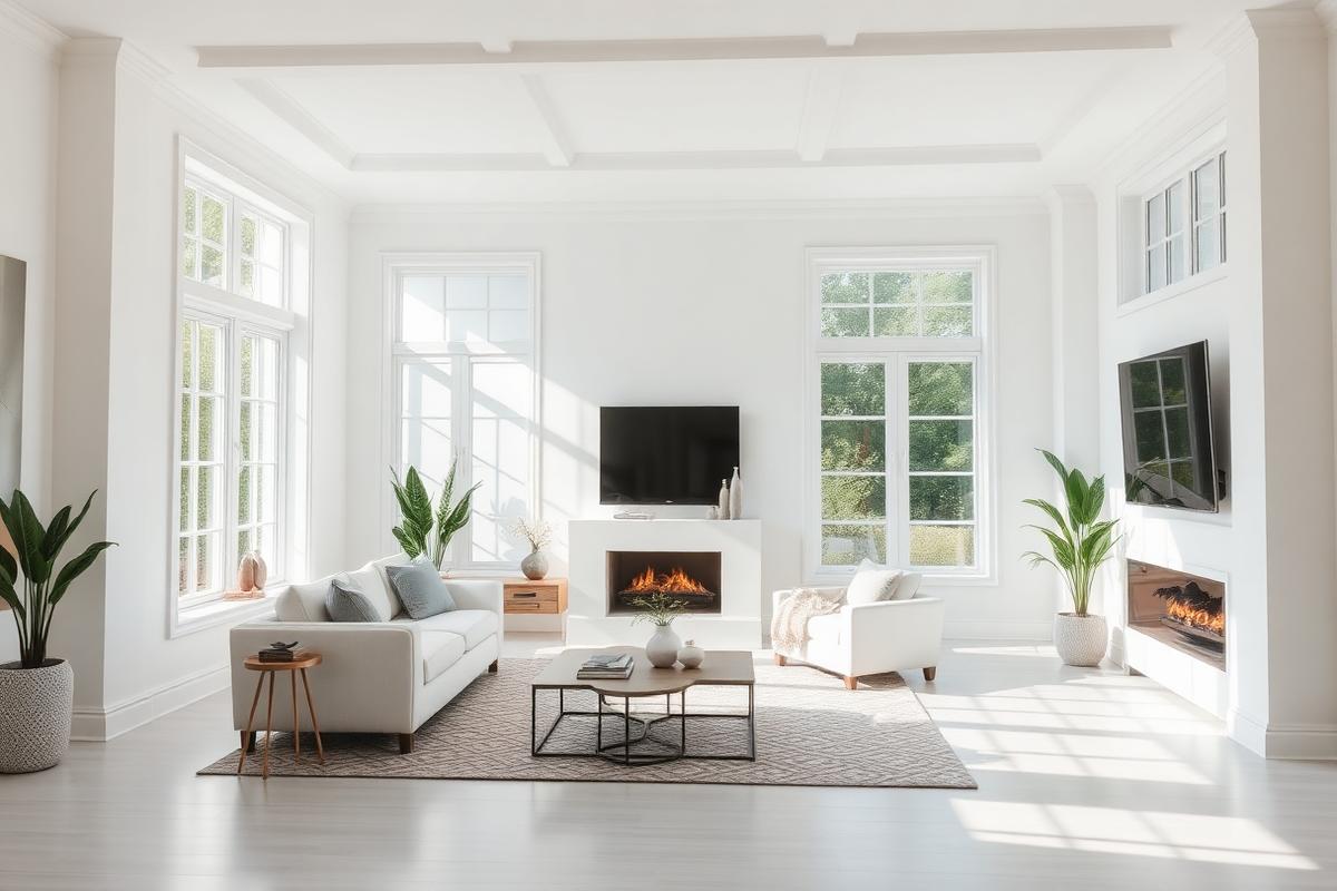 Bright living room with freshly painted white walls and natural daylight